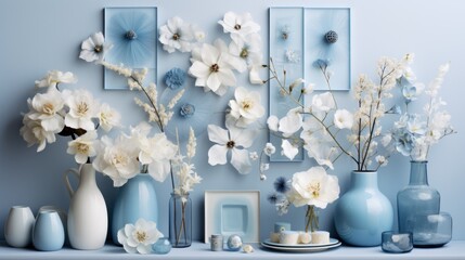  a table topped with vases filled with white flowers and blue vases next to a wall with pictures on it.