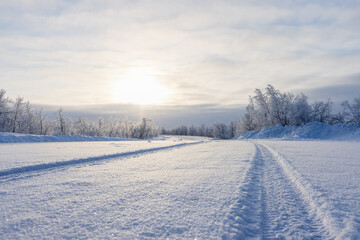 Fototapeta na wymiar Winter snowy road and snow-covered trees