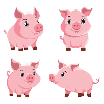 Cartoon cute pigs in different poses, vector illustration