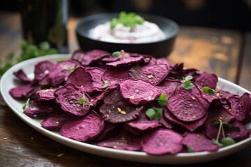 beetroot chips with aioli sauce in restaurant or in the kitchen. Vegan or vegetarian snack. - obrazy, fototapety, plakaty