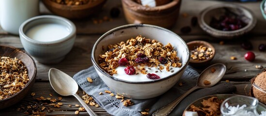 Obraz na płótnie Canvas Fiber-rich breakfast: Crunchy granola with flax, cranberries, and coconut, milk on table.