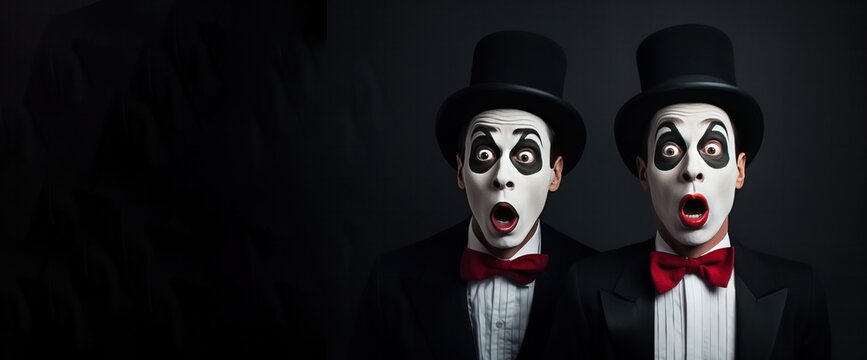 portrait of a two mimes artists on black background, looking surprised	or shocked banner copy space left. Strong emotions. Expressive faces.