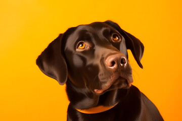 Dog smart eyes looking. Amazing dog portrait on yellow background. Cute pet face. Neural network AI generated art