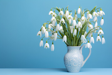White snowdrops on blue background, March 8 and Women's Day card with copy space for text