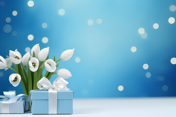 Gift box on blue background with flowers snowdrop, Mother's day, Birthday, March 8 and Women's Day banner concept with copy space for text
