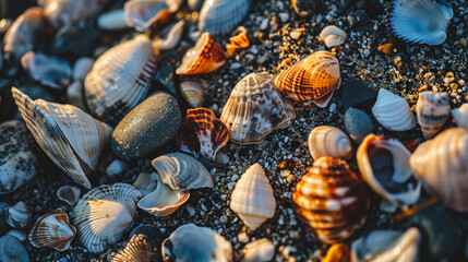 Seashell Assortment on Sandy Beach at Golden Hour
