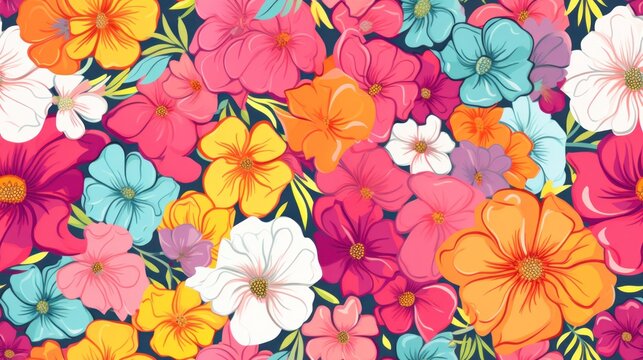  a bunch of colorful flowers that are on a blue and pink background with yellow and pink flowers in the middle of the picture.