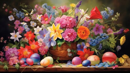 Fototapeta na wymiar a painting of a basket of flowers and eggs on a table with other flowers and eggs in front of it.