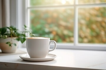 Fototapeta na wymiar Cup of coffee on kitchen table near the window