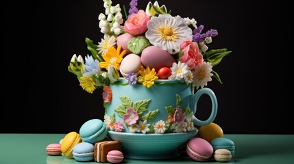  a tea cup filled with lots of colorful candies and a bouquet of flowers on top of a green table.