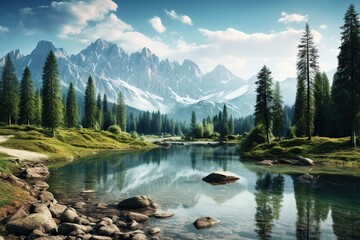 Illustration of mountain peak and green landscape with lake