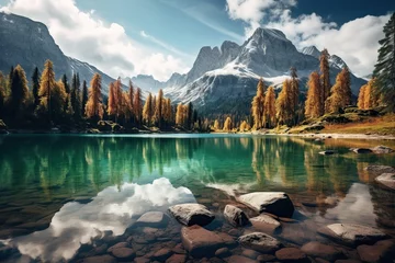 Papier Peint photo Everest Illustration of mountain peak and green landscape with lake