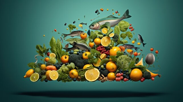  a pyramid made of fruits and vegetables with a dolphin on top of one of the fruits and vegetables on the bottom of the pyramid.