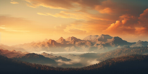 Mountain landscape sunrise over the mountains range in foggy weather Fantasy Breathtaking Design bountiful background.