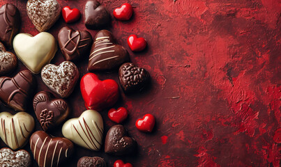 assorted chocolate hearts on red background - obrazy, fototapety, plakaty