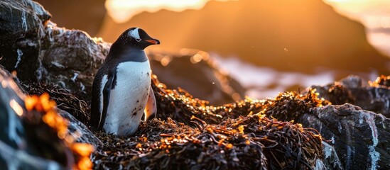 Evening shot of penguin returning to its nest at twilight. - obrazy, fototapety, plakaty