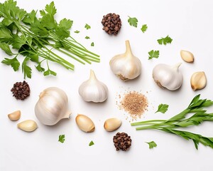 Top view of cloves of garlic, black pepper and parsley on white wooden table, AI generator