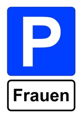 Illustration eines blauen Parkplatzschildes mit der Aufschrift "Frauen"	