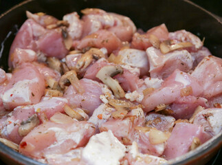 Chopped raw chicken fillet for background use. A slide of sliced raw boneless chicken breasts in close-up, background, texture.