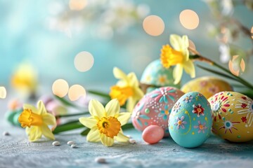 Easter pastel background with colorful easter eggs and daffodils - obrazy, fototapety, plakaty