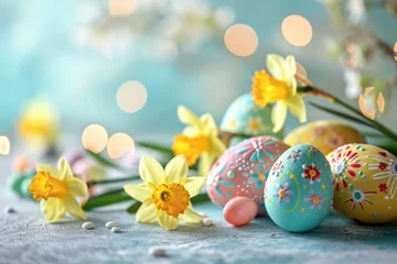 Tuinposter Easter pastel background with colorful easter eggs and daffodils © netrun78