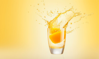 orange juice splash in glass on vibrant background