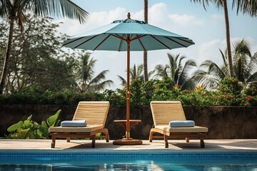 Umbrella and two sunbeds near the swimming pool