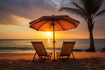 Tropical beach with umbrella and two sunbeds on sunset background