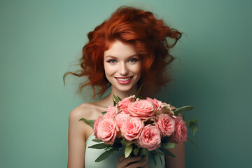 Happy woman with red curly hair holding spring pink flowers and smiling on pastel green background, 8 March, Woman's day, birthday, Mother's day present 