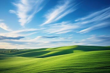 Green landscape field with blue sky background