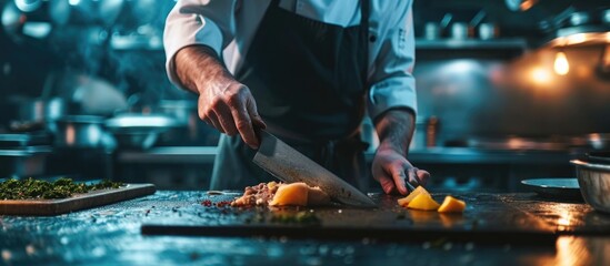 Chef sharpening knife in dark kitchen - obrazy, fototapety, plakaty