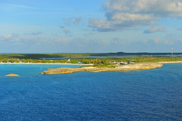 Half Moon Cay aerial view. This island is also called Little San Salvador Island located in the...