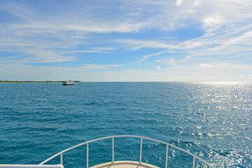 Ship bow at Pirates Cove at Half Moon Cay, Little San Salvador Island, the Bahamas. Half Moon Cay...