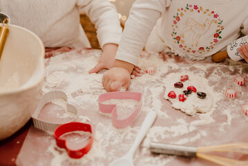 kids for Christmas new year’s eve day making cookies for santa decorations presents santa claus kitchen Father Christmas, Saint Nicholas cat dog poodle cookies dough tree ornaments holiday