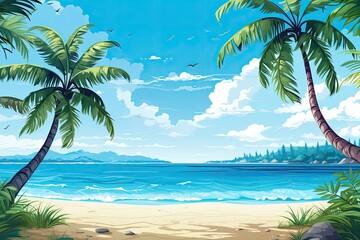 banner template featuring a tropical beach scene with clear blue skies and palm trees 