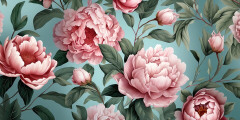 Little pink peonia, mint color leaf, wallpaper, background, mural art, interior decor - obrazy, fototapety, plakaty