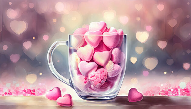 Glass mug or cup filled with pink heart shaped sweets or candy, Valentine's day abstract background illustration