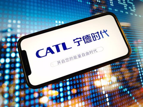 Konskie, Poland - January 04, 2024: CATL company logo displayed on mobile phone screen