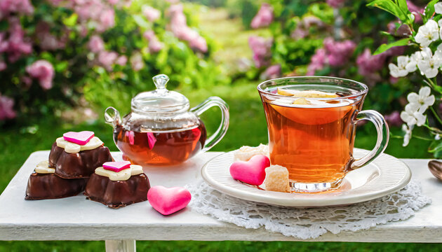 Tea drink in glass cup on white table with heart shaped sweet candy or pastry, selective focus