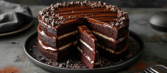 Triple layered chocolate cake, with front slice missing.