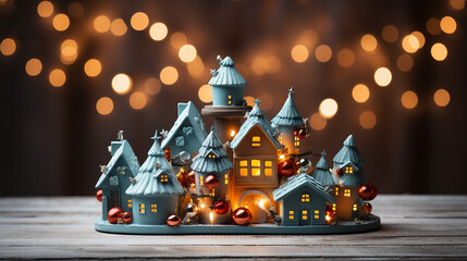 Weihnachts- und Neujahrsgrußkarte. Dekorierte Spielzeughäuser auf Bokeh-Hintergrund - obrazy, fototapety, plakaty