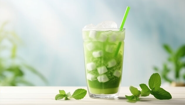 Green matcha bubble tea with ice cubes in cup on white wooden table over light green background softlight. Antioxidant and dietary vegan cocktail for healthy breakfast or snack