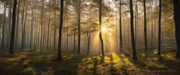 Sunlight streaming through trees in lush forest - panoramic background banner