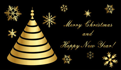 Merry Christmas and Happy New Year! Card black gold.Stylized golden Christmas tree