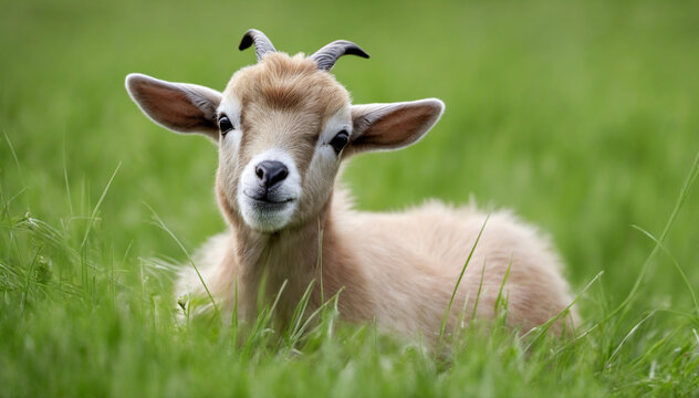 Adorable baby goat relaxing in a lush field
