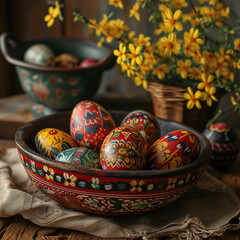 Easter Eggs, pottery, and flowers arranged in a decorative bowl AI Generated	