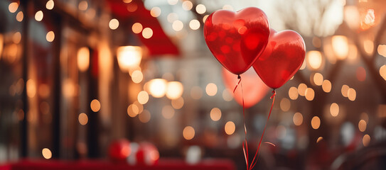 Valentine's day design background. Celebrating atmosphere  with red heart baloons and bokeh
