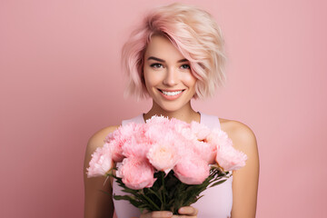 Happy woman with blonde hair holding spring flowers and smiling on pastel pink background, 8 March, Woman's day, birthday, Mother's day present 