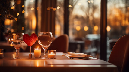 Celebrating atmosphere in cafe, restaurant with red heart sign and bokeh. Valentine's day design background. - obrazy, fototapety, plakaty