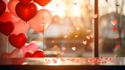 Valentine's day design background. Celebrating atmosphere  with pink and red heart baloons and bokeh